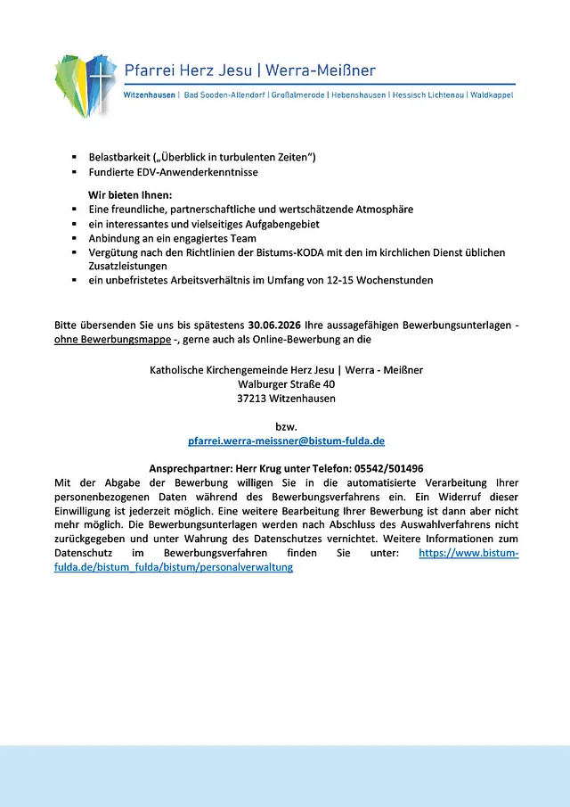 Stellenausschreibung für Pfarrsekretariat 