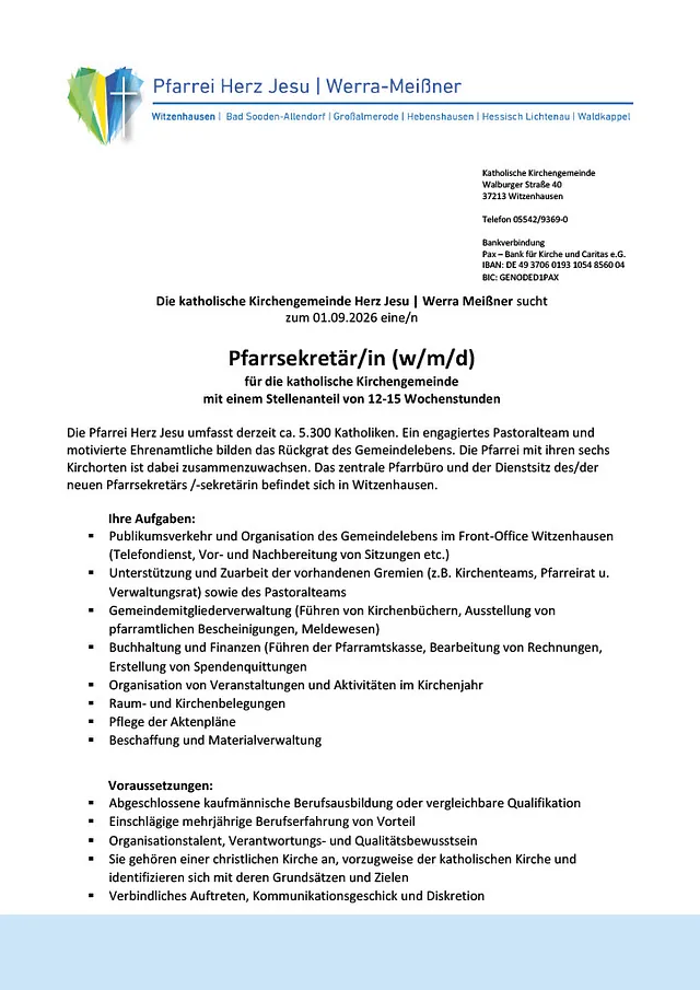Stellenausschreibung für Pfarrsekretariat 